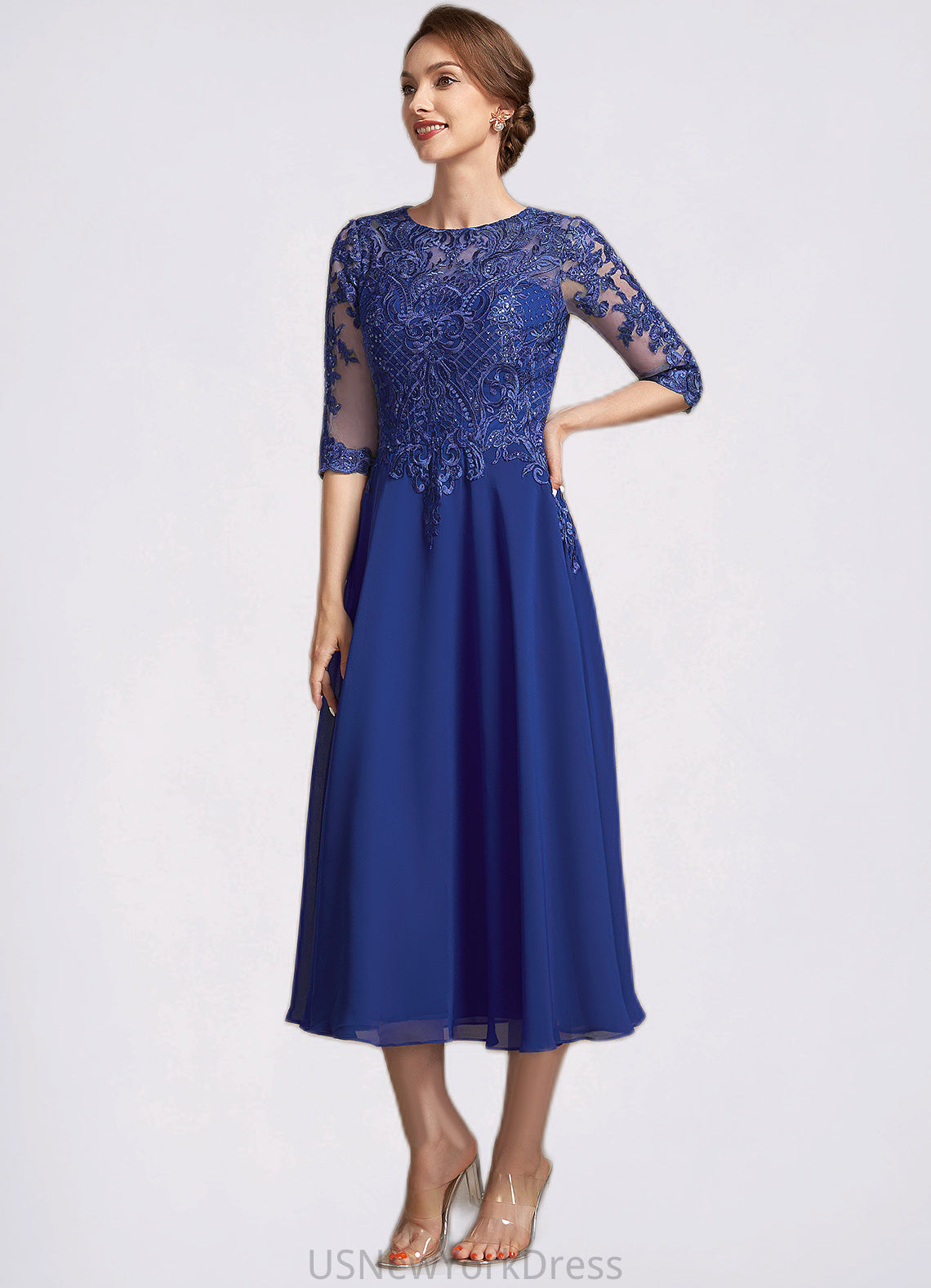 Christine A-Line Scoop Neck Tea-Length Chiffon Lace Mother of the Bride Dress With Sequins DJ126P0014959