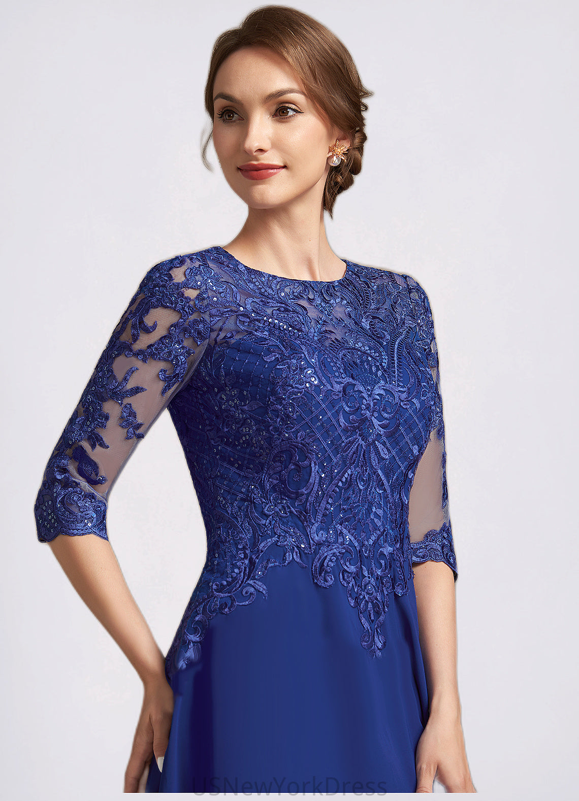 Christine A-Line Scoop Neck Tea-Length Chiffon Lace Mother of the Bride Dress With Sequins DJ126P0014959