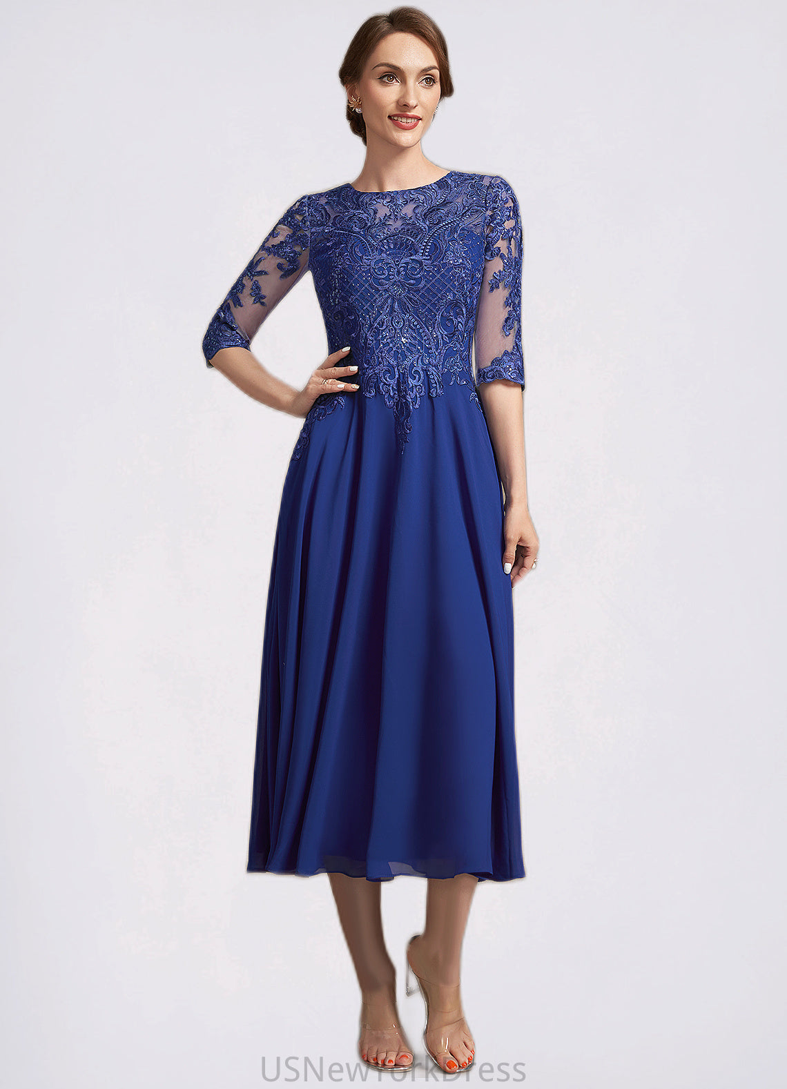 Christine A-Line Scoop Neck Tea-Length Chiffon Lace Mother of the Bride Dress With Sequins DJ126P0014959