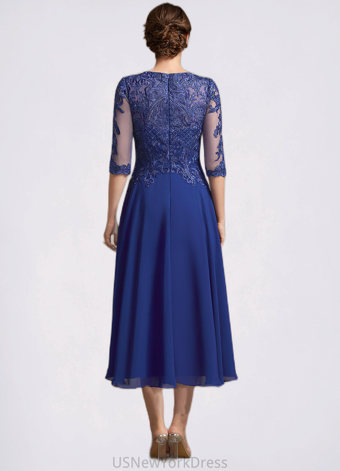 Christine A-Line Scoop Neck Tea-Length Chiffon Lace Mother of the Bride Dress With Sequins DJ126P0014959