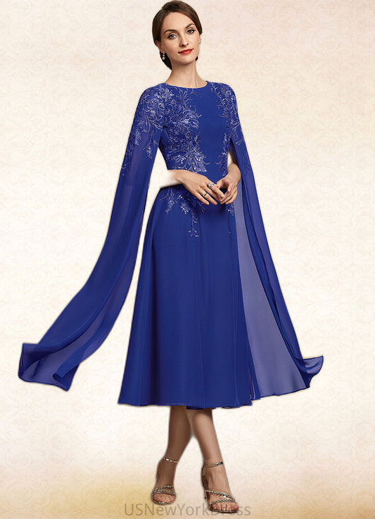 Hope A-Line Scoop Neck Tea-Length Chiffon Lace Mother of the Bride Dress With Sequins DJ126P0014960