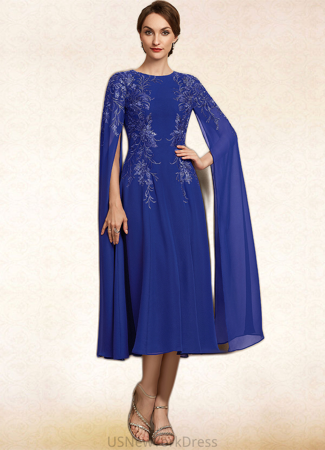 Hope A-Line Scoop Neck Tea-Length Chiffon Lace Mother of the Bride Dress With Sequins DJ126P0014960