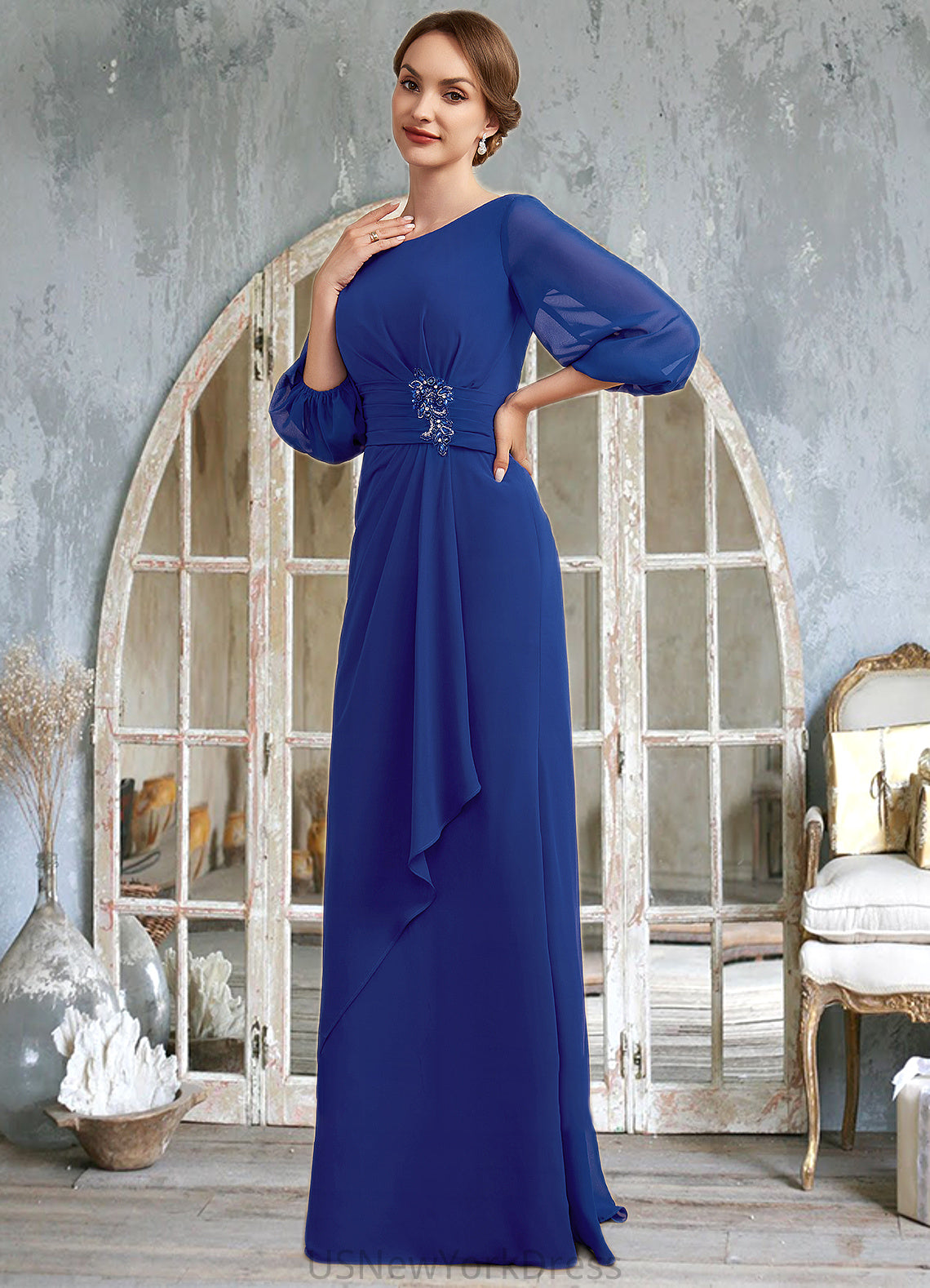 Melody A-Line Scoop Neck Floor-Length Chiffon Mother of the Bride Dress With Ruffle Beading DJ126P0014963