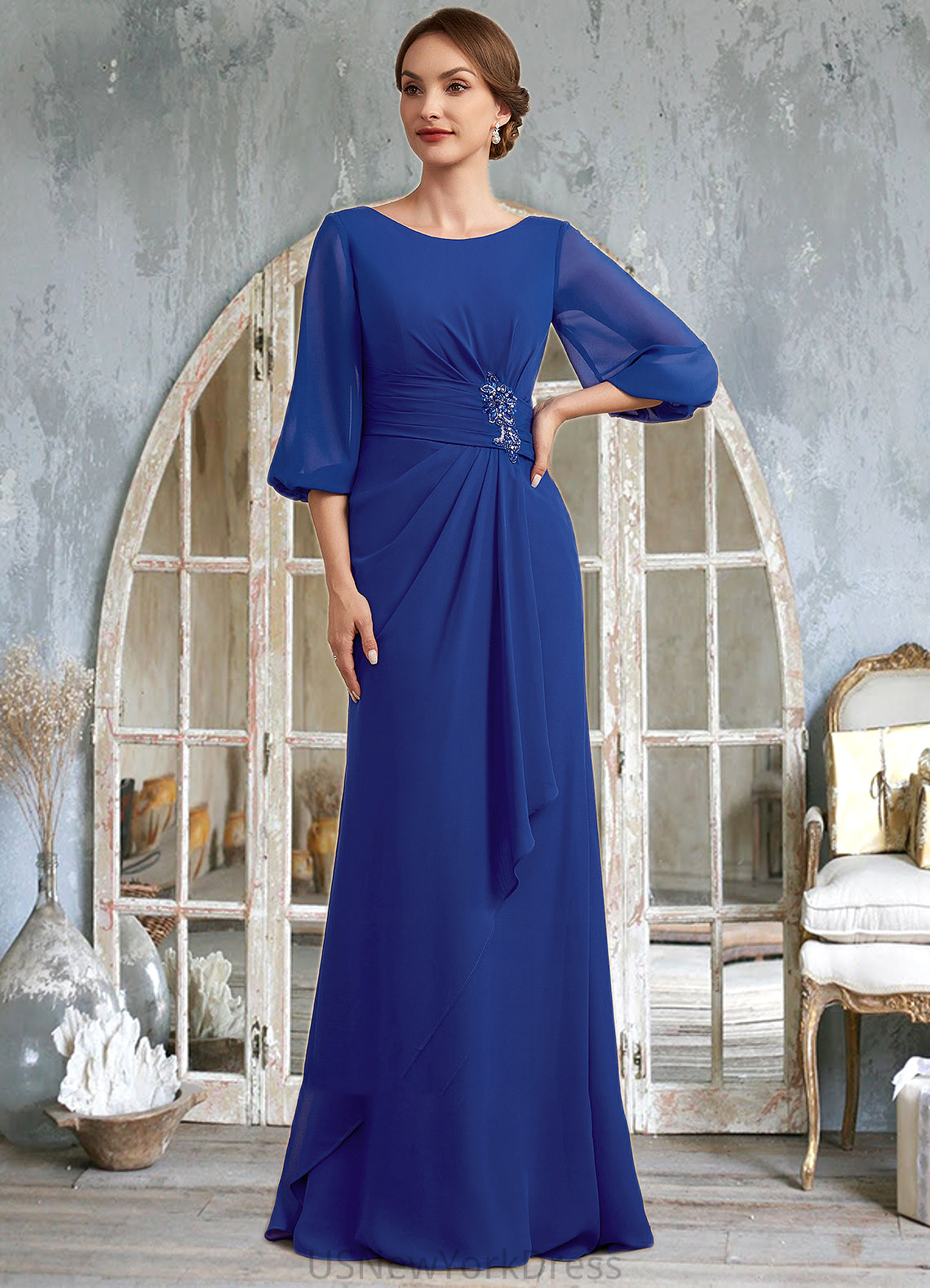 Melody A-Line Scoop Neck Floor-Length Chiffon Mother of the Bride Dress With Ruffle Beading DJ126P0014963