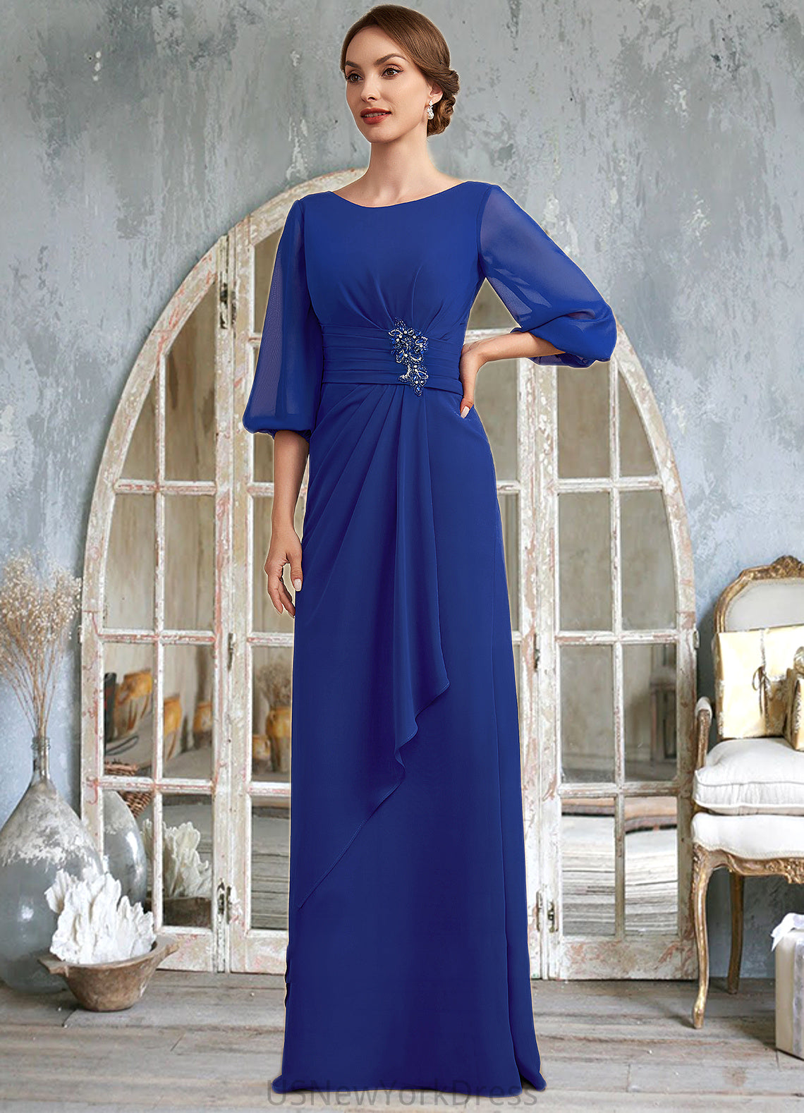 Melody A-Line Scoop Neck Floor-Length Chiffon Mother of the Bride Dress With Ruffle Beading DJ126P0014963