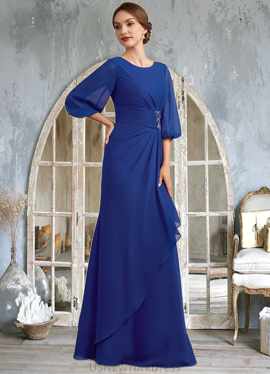 Melody A-Line Scoop Neck Floor-Length Chiffon Mother of the Bride Dress With Ruffle Beading DJ126P0014963