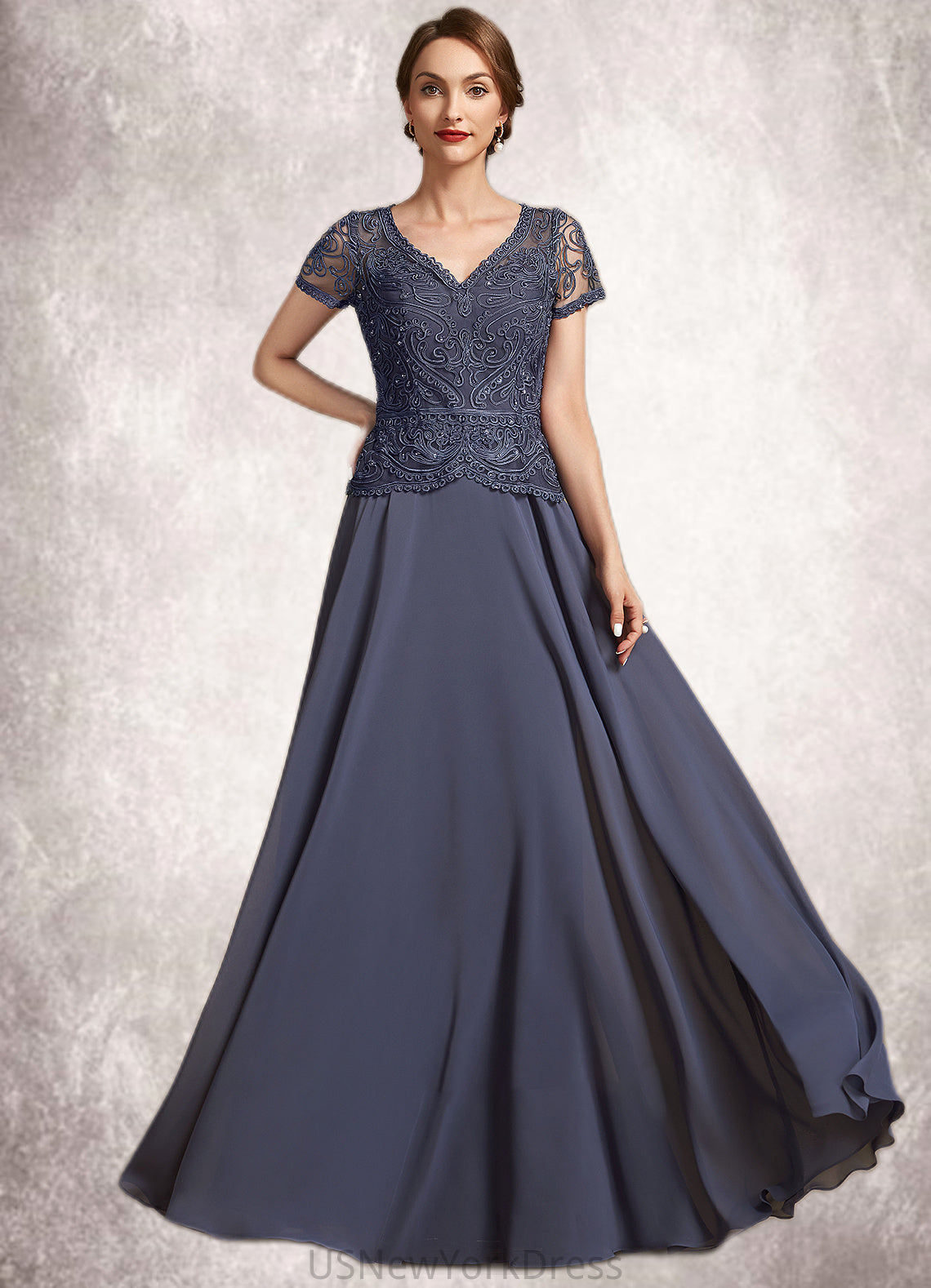 Teagan A-Line V-neck Floor-Length Chiffon Lace Mother of the Bride Dress With Sequins DJ126P0014964