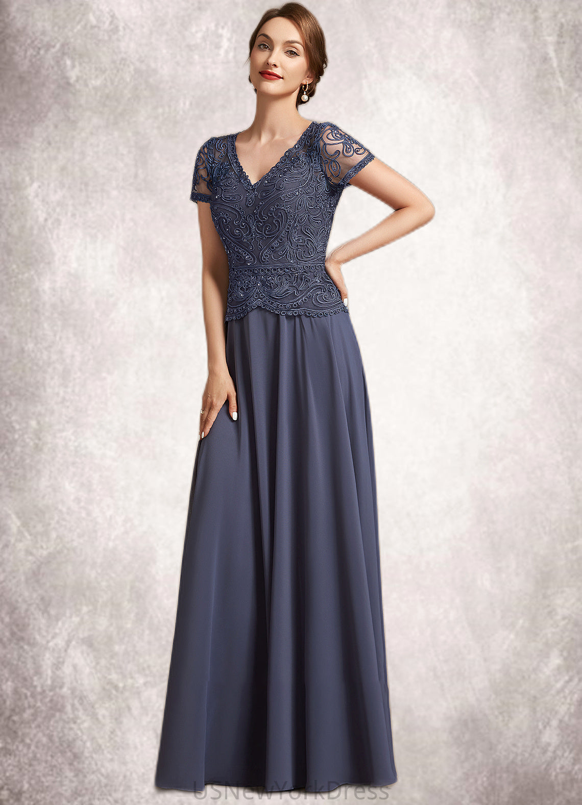 Teagan A-Line V-neck Floor-Length Chiffon Lace Mother of the Bride Dress With Sequins DJ126P0014964