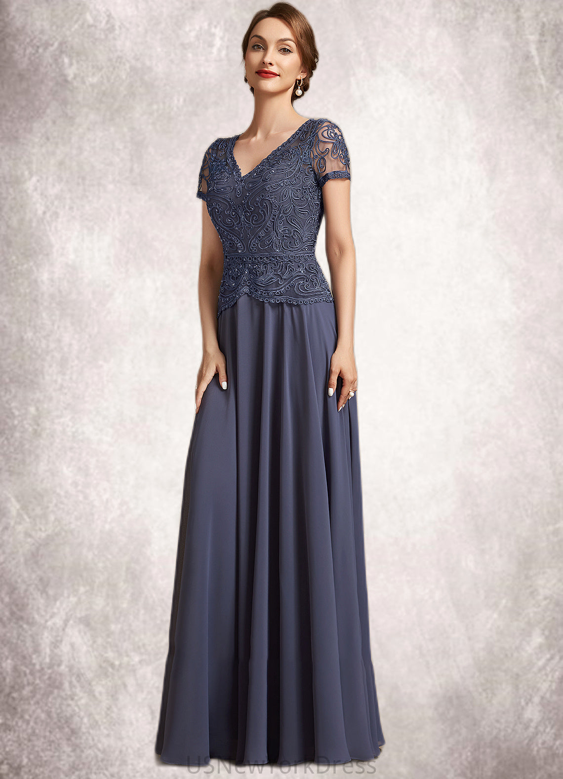 Teagan A-Line V-neck Floor-Length Chiffon Lace Mother of the Bride Dress With Sequins DJ126P0014964