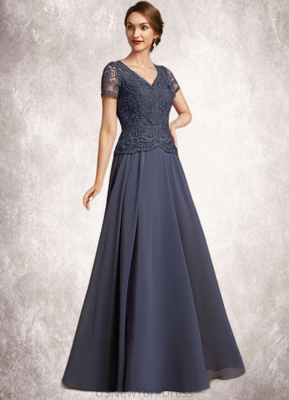 Teagan A-Line V-neck Floor-Length Chiffon Lace Mother of the Bride Dress With Sequins DJ126P0014964