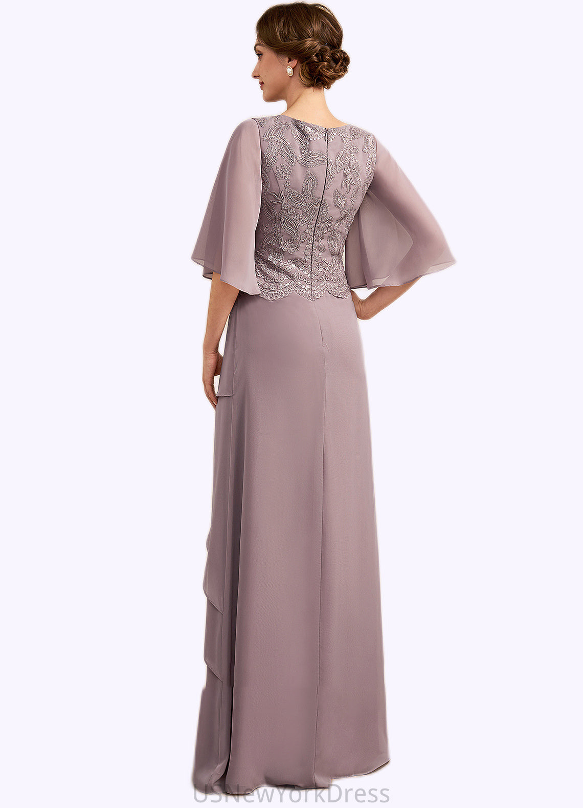 Annika A-Line Scoop Neck Floor-Length Chiffon Lace Mother of the Bride Dress With Sequins Cascading Ruffles DJ126P0014991