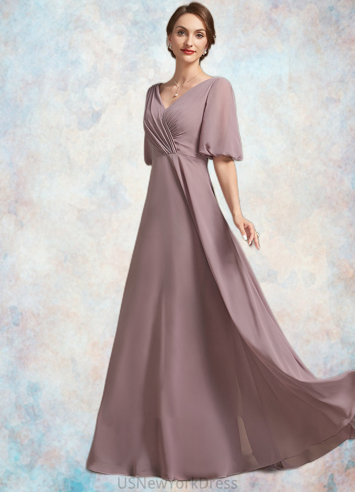 Miya A-Line V-neck Floor-Length Chiffon Mother of the Bride Dress With Ruffle DJ126P0014992