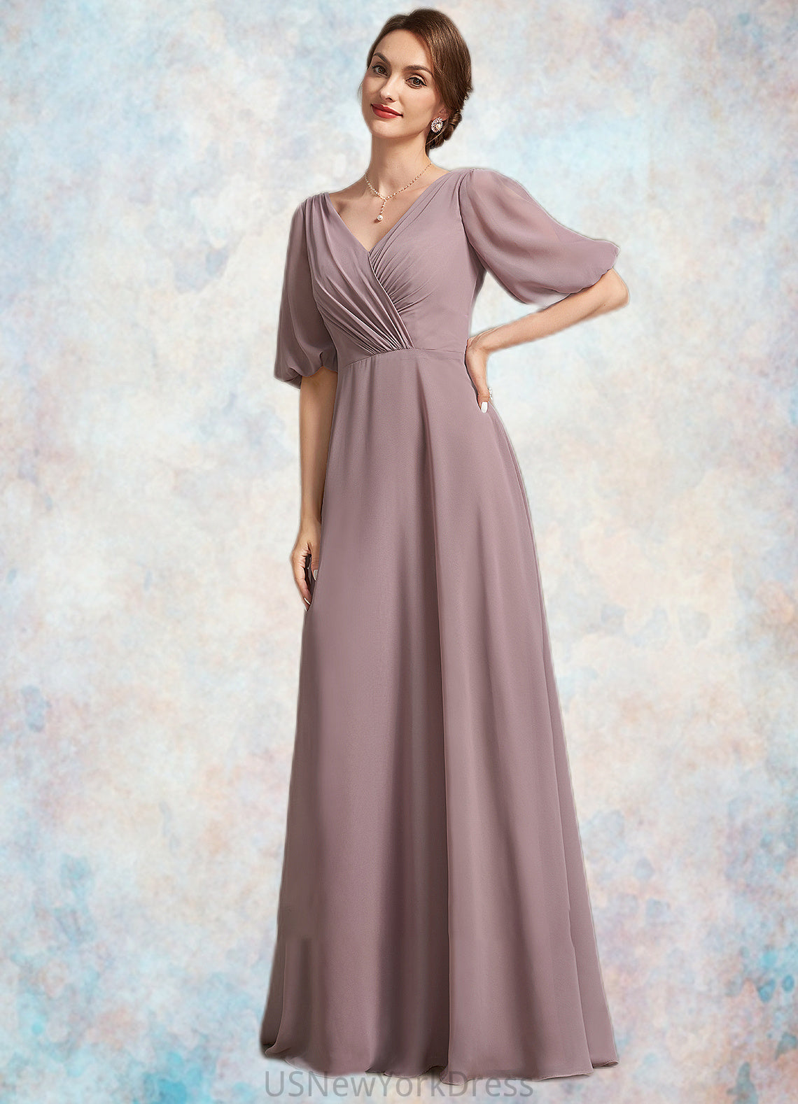 Miya A-Line V-neck Floor-Length Chiffon Mother of the Bride Dress With Ruffle DJ126P0014992