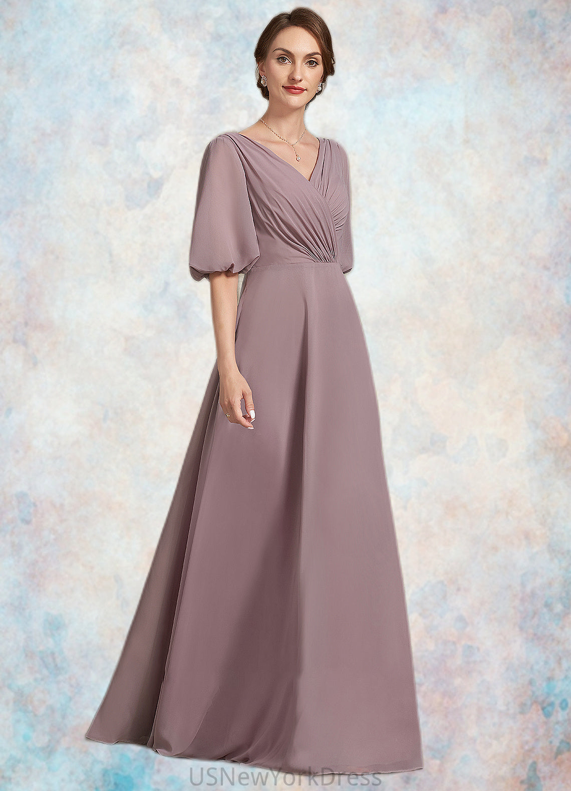 Miya A-Line V-neck Floor-Length Chiffon Mother of the Bride Dress With Ruffle DJ126P0014992