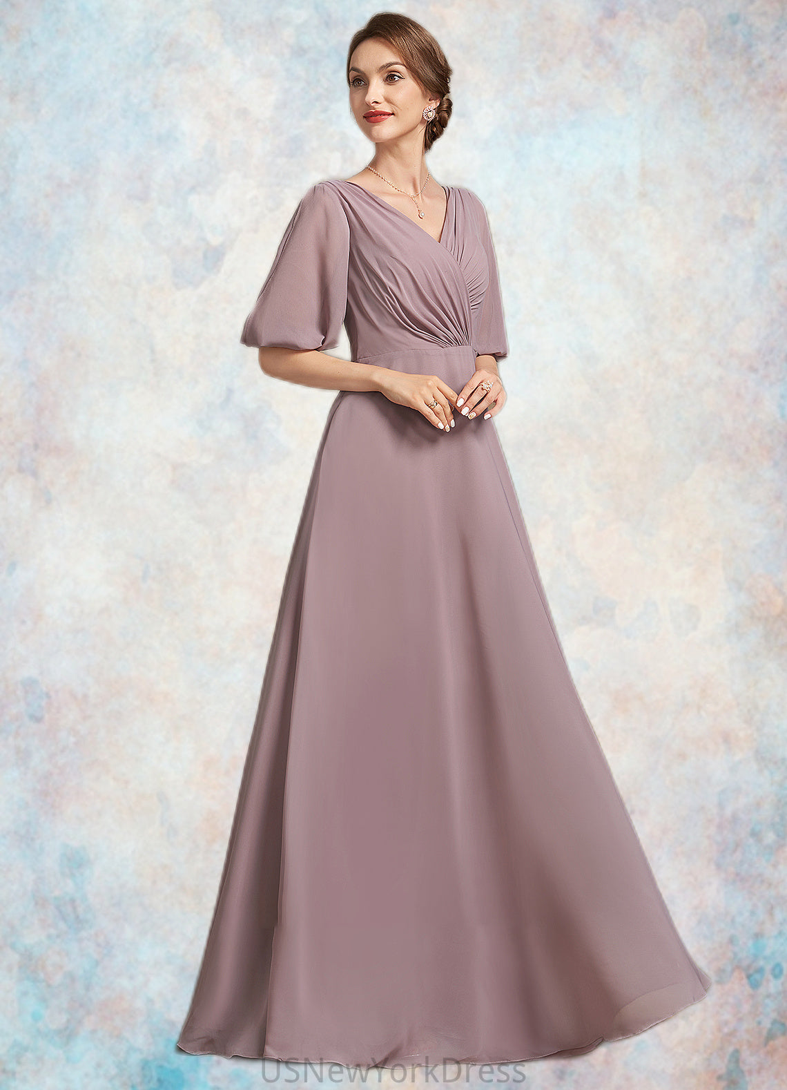 Miya A-Line V-neck Floor-Length Chiffon Mother of the Bride Dress With Ruffle DJ126P0014992