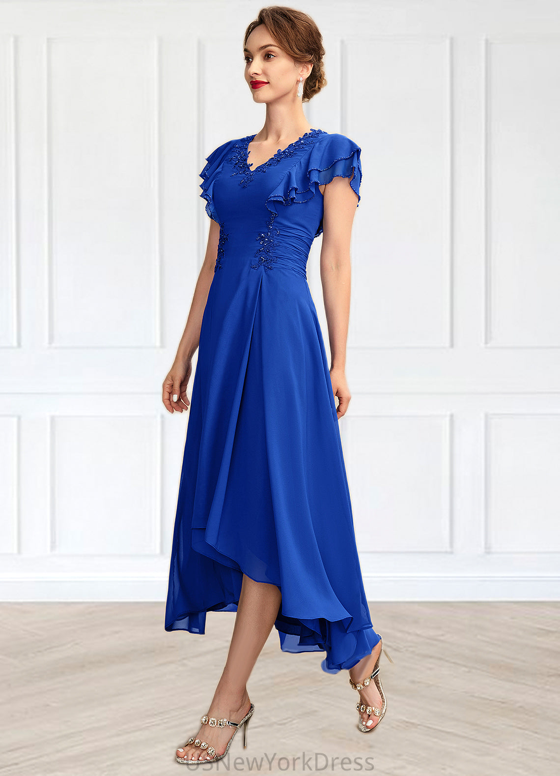 Salome A-Line V-neck Asymmetrical Chiffon Mother of the Bride Dress With Beading Appliques Lace Sequins Cascading Ruffles DJ126P0014994