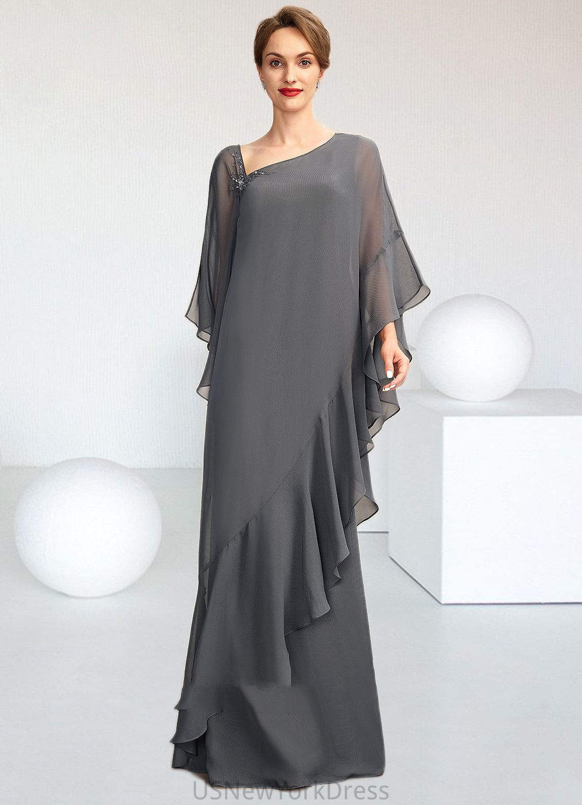 Elsie Sheath/Column One-Shoulder Floor-Length Chiffon Mother of the Bride Dress DJ126P0014995