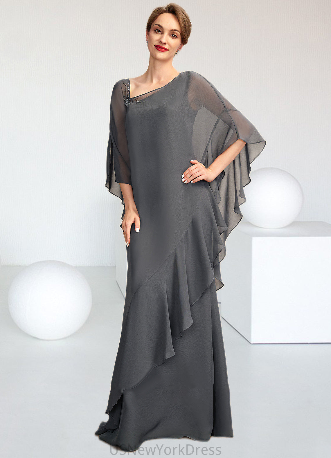 Elsie Sheath/Column One-Shoulder Floor-Length Chiffon Mother of the Bride Dress DJ126P0014995