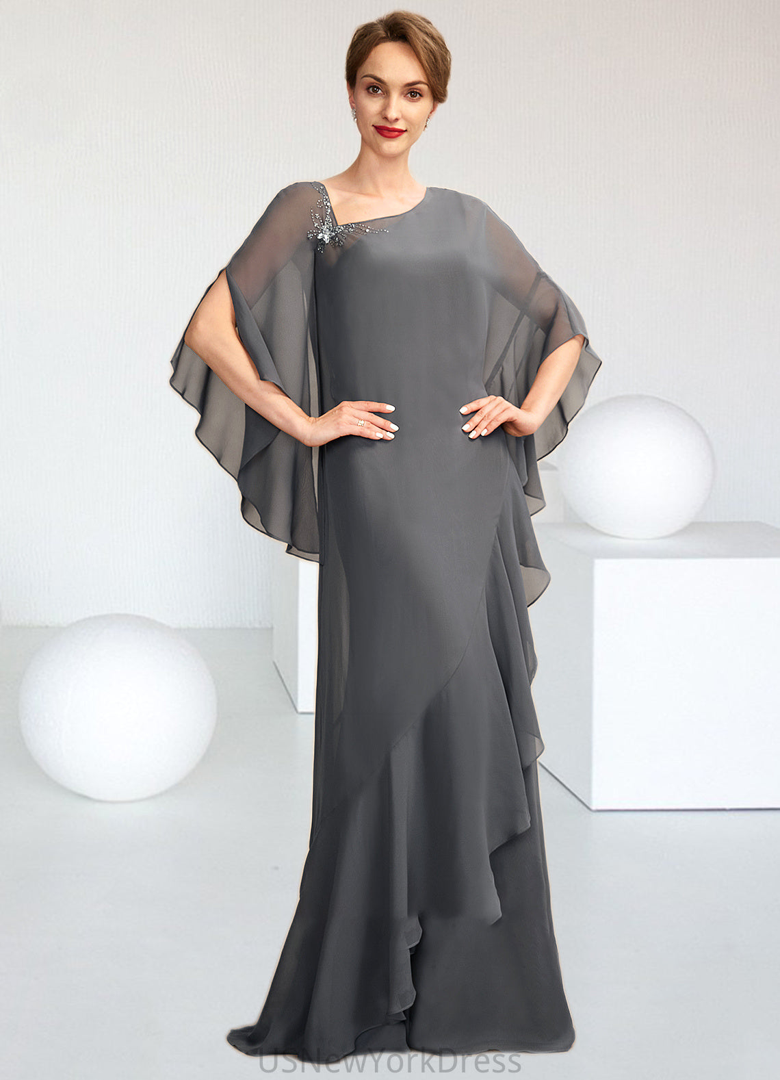 Elsie Sheath/Column One-Shoulder Floor-Length Chiffon Mother of the Bride Dress DJ126P0014995