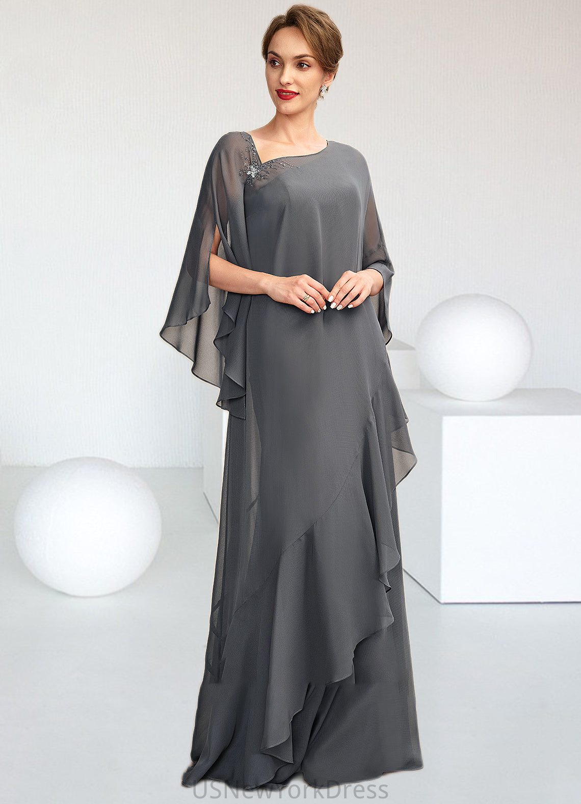 Elsie Sheath/Column One-Shoulder Floor-Length Chiffon Mother of the Bride Dress DJ126P0014995