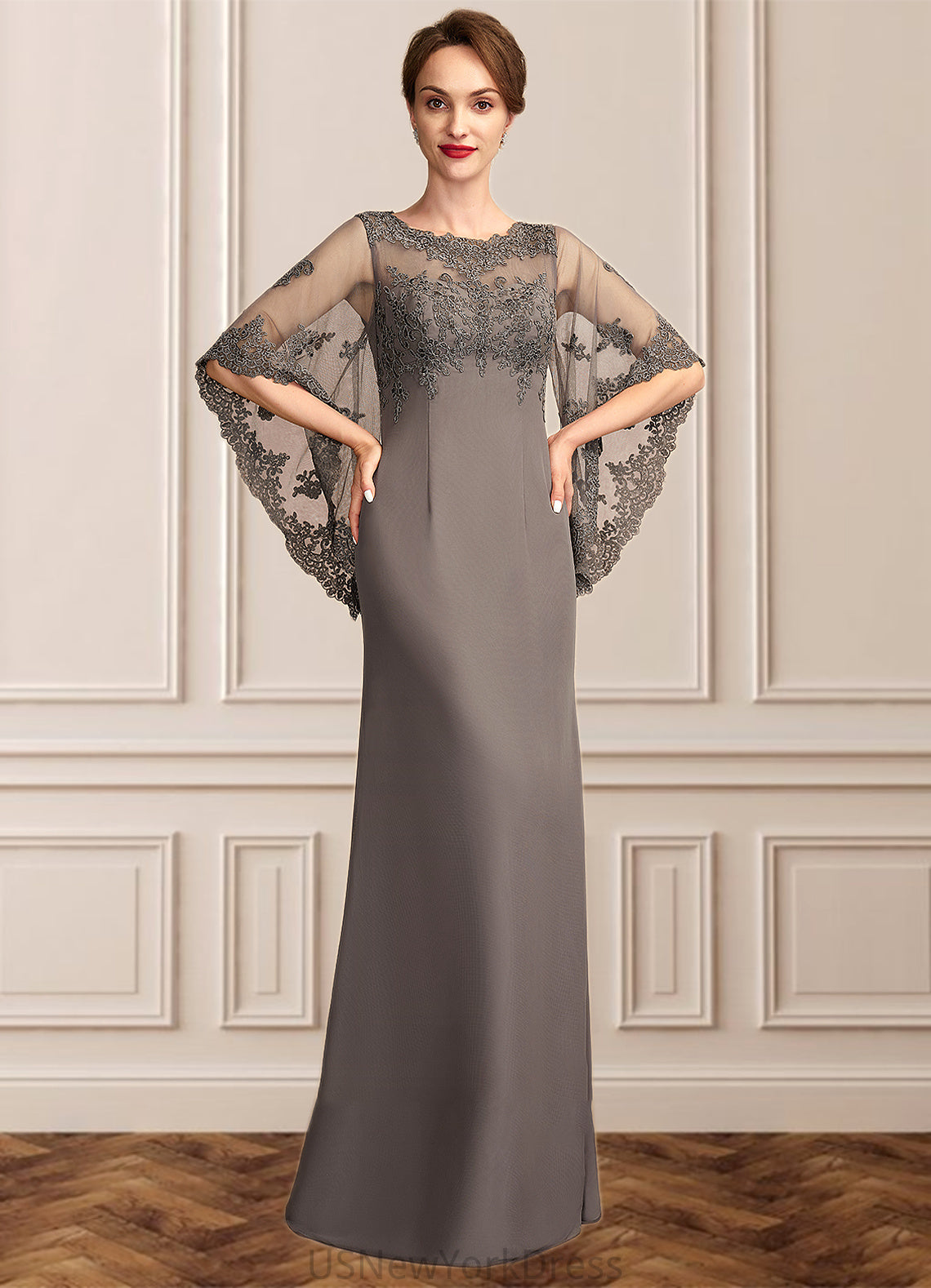 Yuliana Sheath/Column Scoop Neck Floor-Length Chiffon Lace Mother of the Bride Dress DJ126P0014996