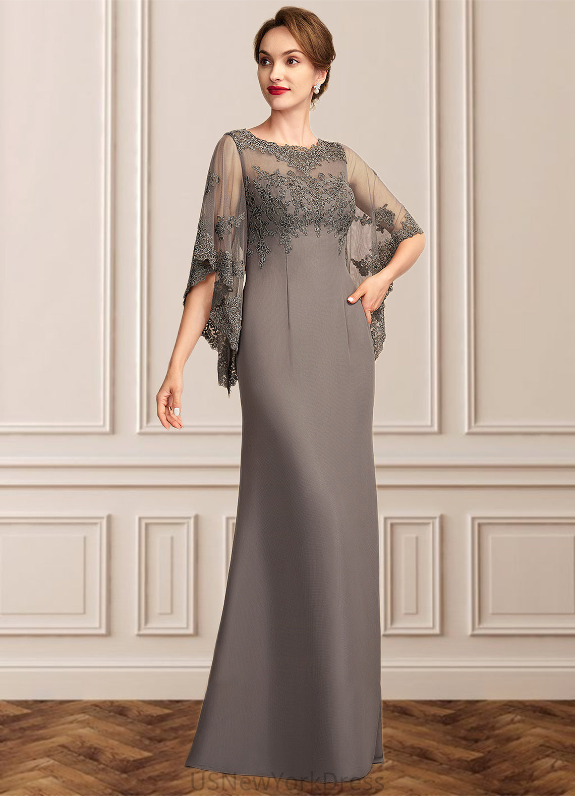 Yuliana Sheath/Column Scoop Neck Floor-Length Chiffon Lace Mother of the Bride Dress DJ126P0014996