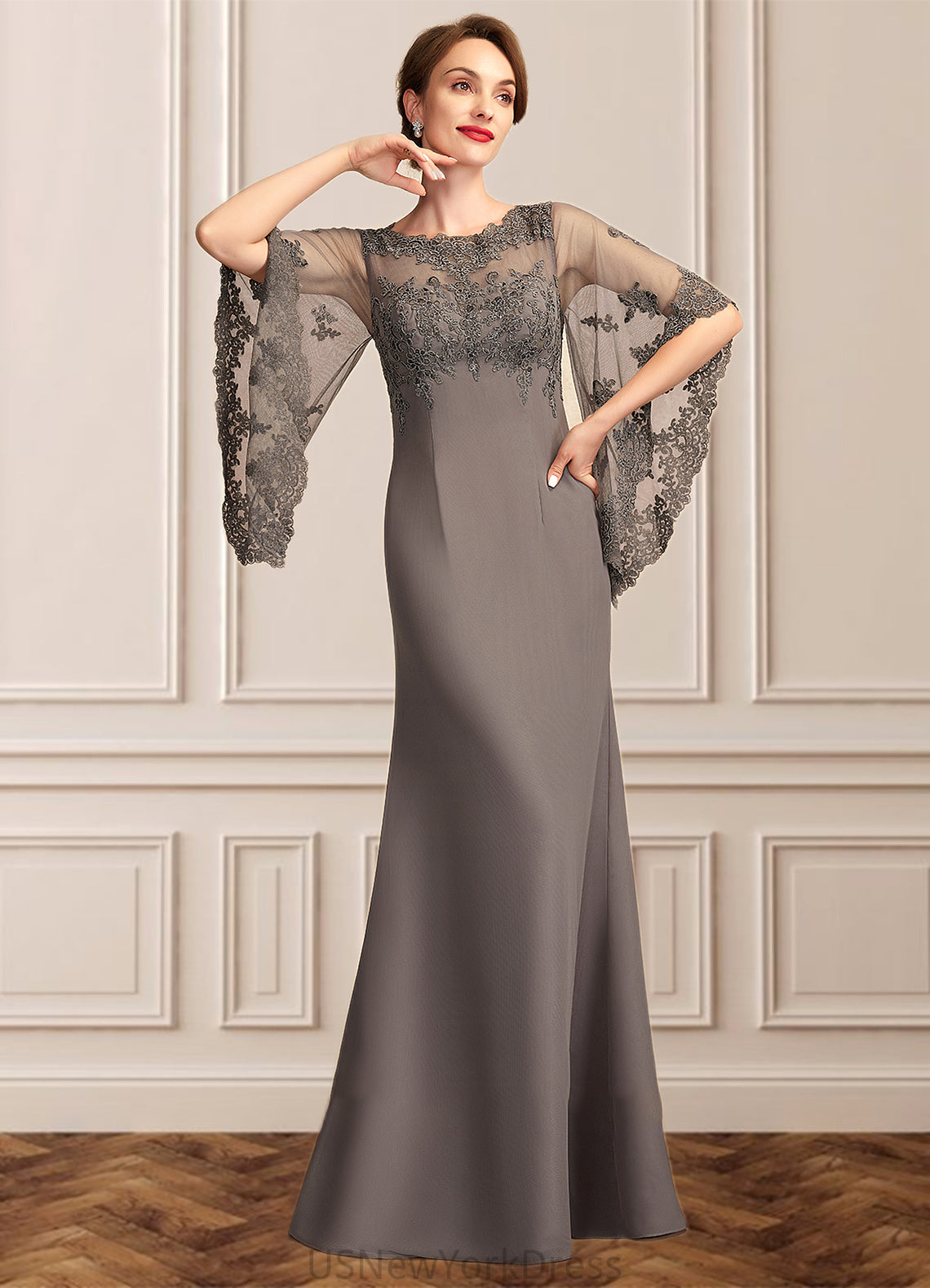 Yuliana Sheath/Column Scoop Neck Floor-Length Chiffon Lace Mother of the Bride Dress DJ126P0014996