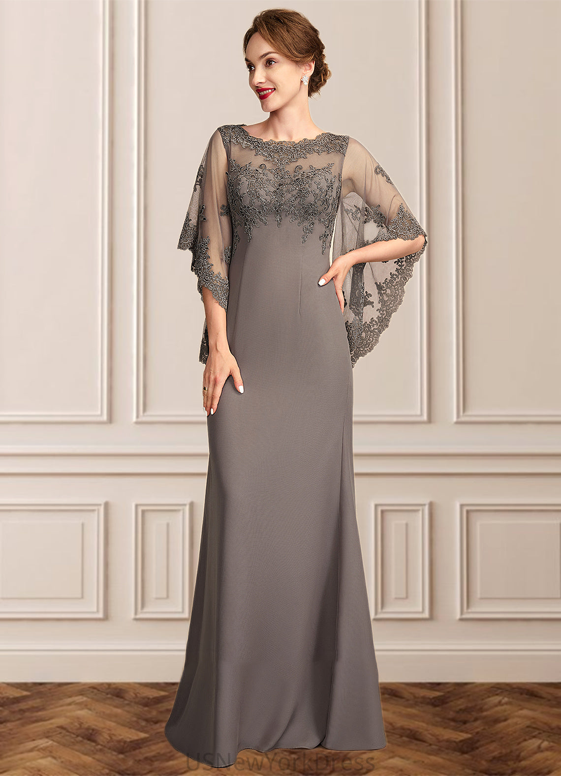 Yuliana Sheath/Column Scoop Neck Floor-Length Chiffon Lace Mother of the Bride Dress DJ126P0014996