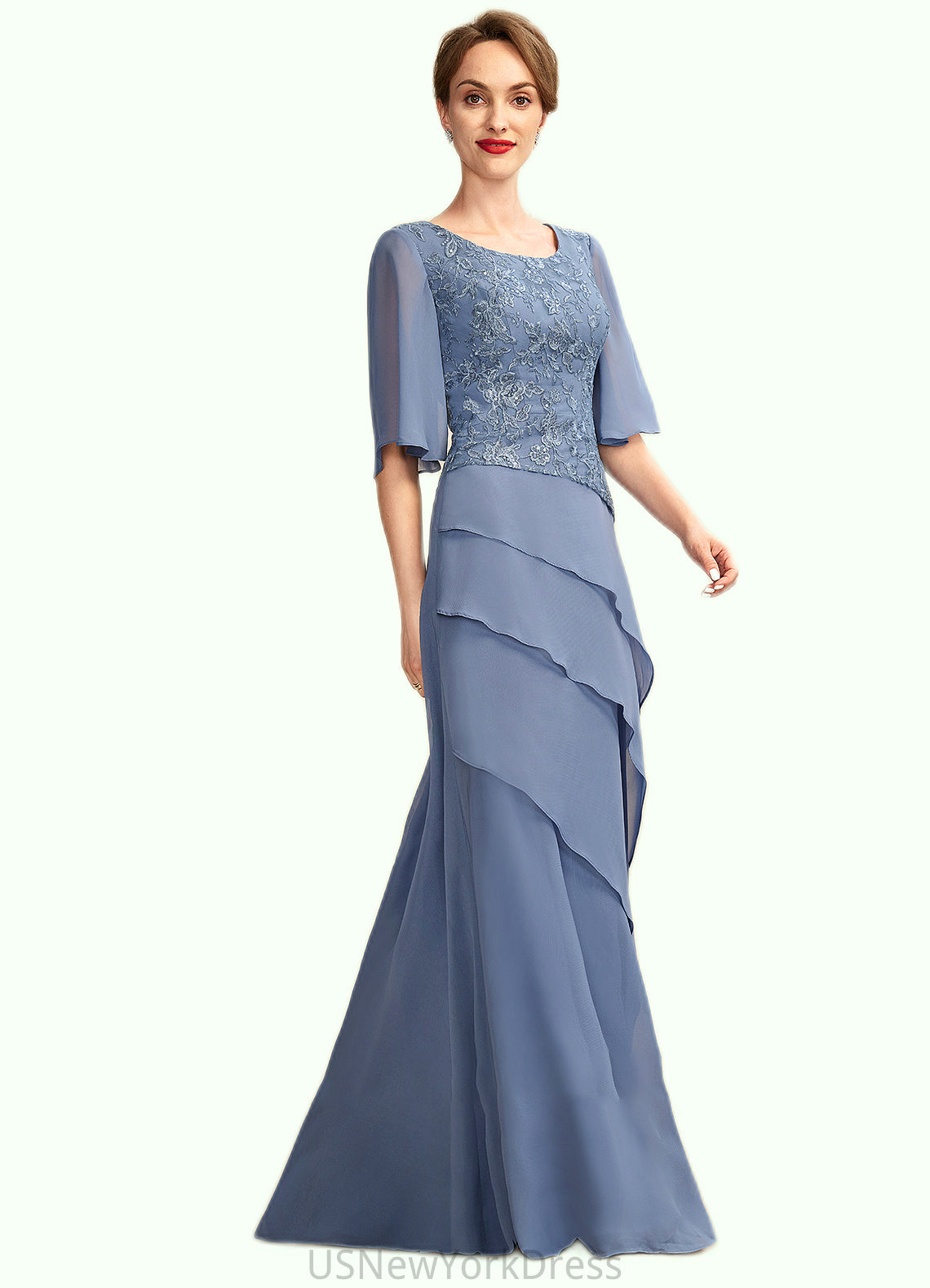 Peyton A-Line Scoop Neck Floor-Length Chiffon Lace Mother of the Bride Dress With Sequins Cascading Ruffles DJ126P0014997