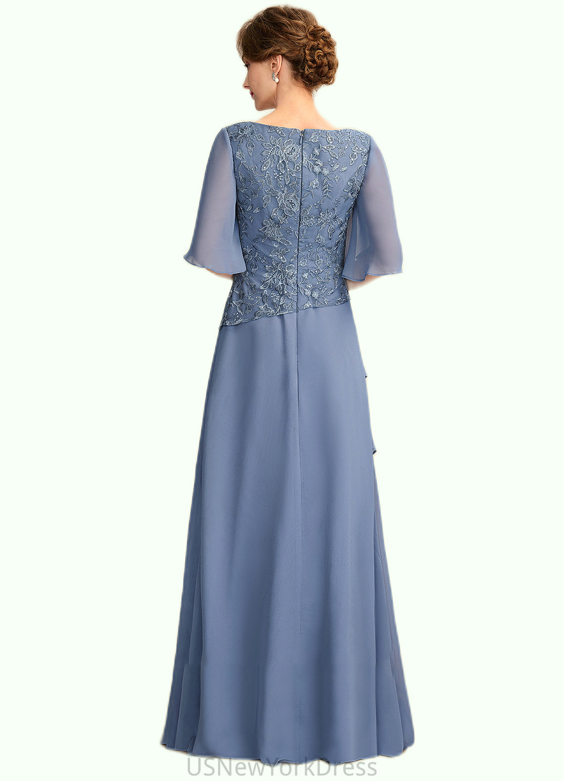 Peyton A-Line Scoop Neck Floor-Length Chiffon Lace Mother of the Bride Dress With Sequins Cascading Ruffles DJ126P0014997