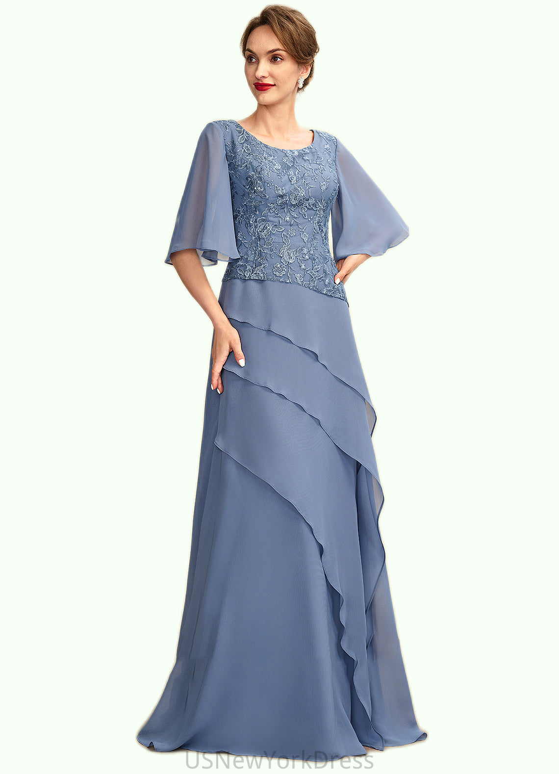 Peyton A-Line Scoop Neck Floor-Length Chiffon Lace Mother of the Bride Dress With Sequins Cascading Ruffles DJ126P0014997