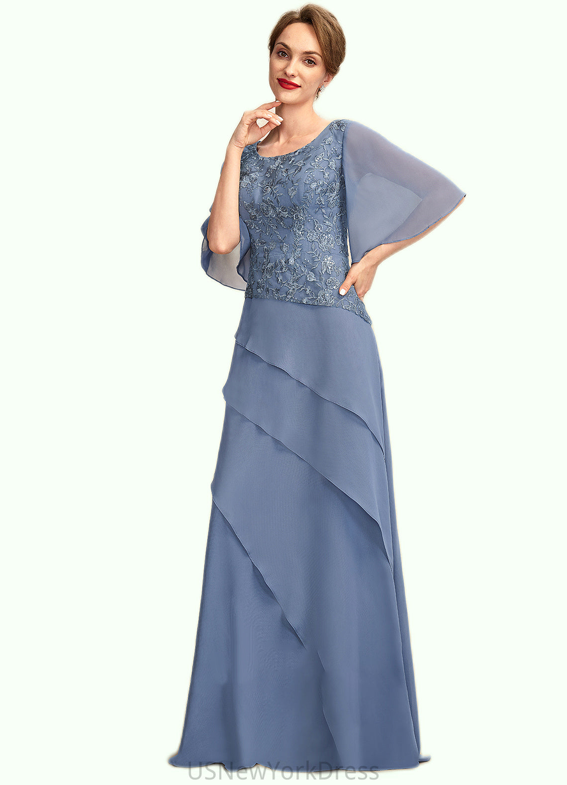 Peyton A-Line Scoop Neck Floor-Length Chiffon Lace Mother of the Bride Dress With Sequins Cascading Ruffles DJ126P0014997