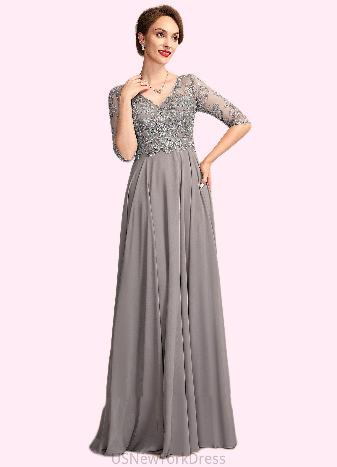 Liberty A-Line V-neck Floor-Length Chiffon Lace Mother of the Bride Dress With Sequins DJ126P0014999