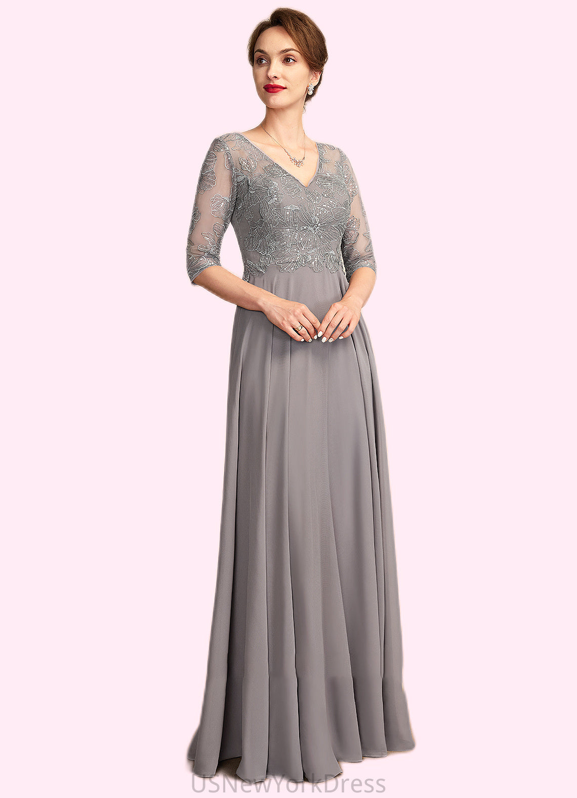 Liberty A-Line V-neck Floor-Length Chiffon Lace Mother of the Bride Dress With Sequins DJ126P0014999