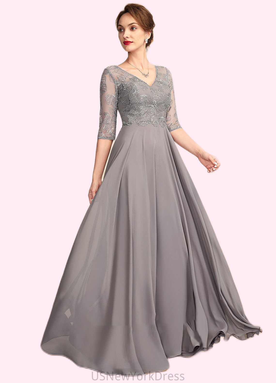 Liberty A-Line V-neck Floor-Length Chiffon Lace Mother of the Bride Dress With Sequins DJ126P0014999