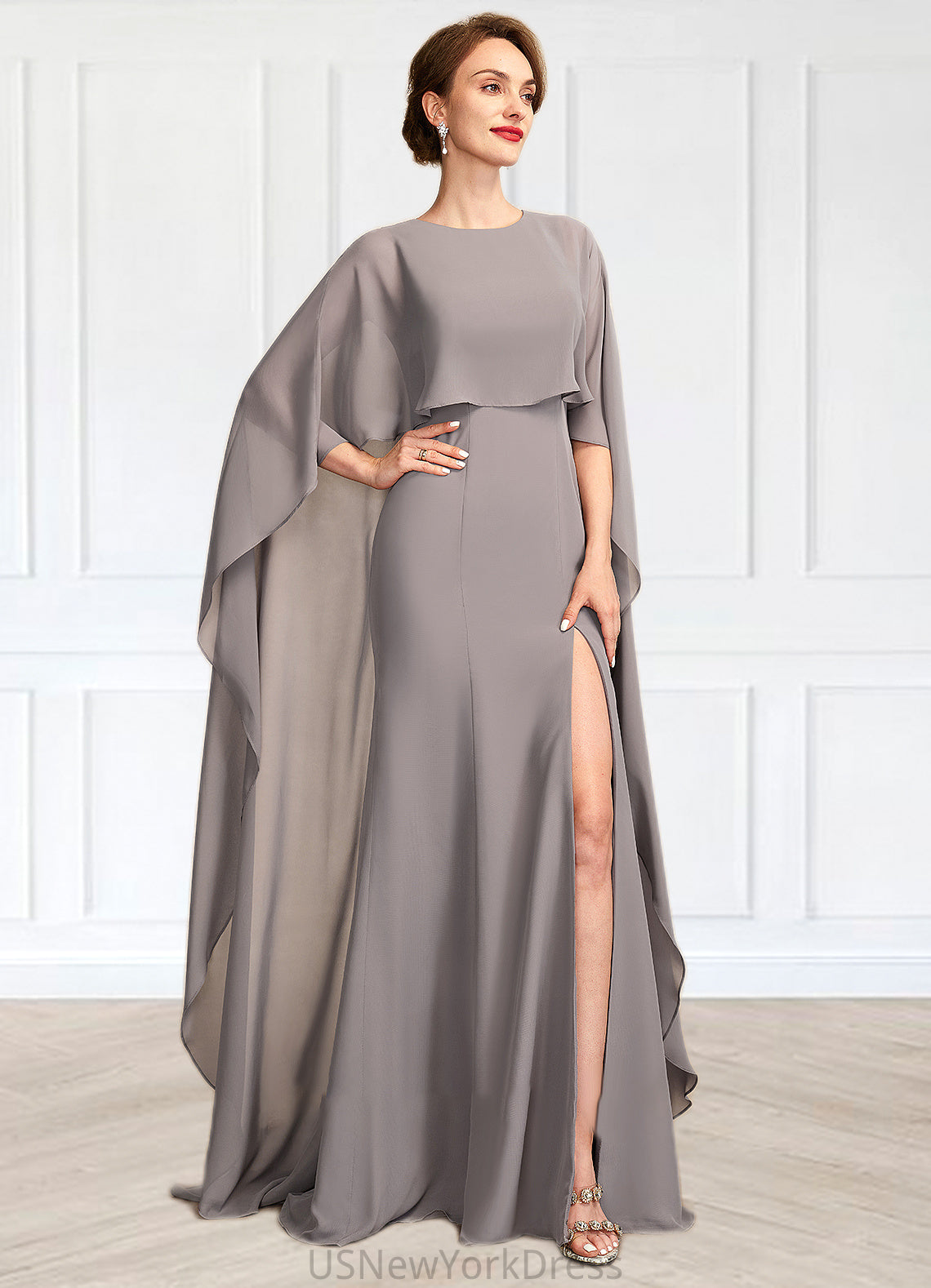 Jennifer Sheath/Column Scoop Neck Sweep Train Chiffon Mother of the Bride Dress With Split Front DJ126P0015000