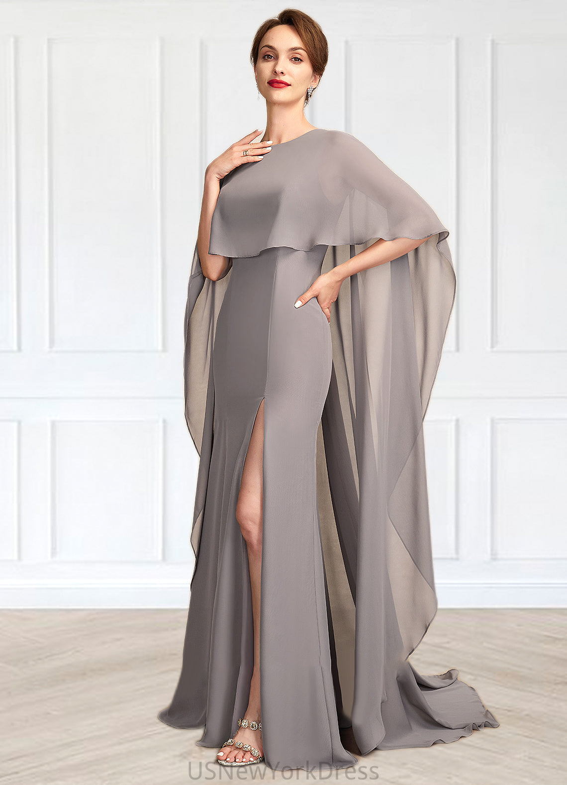 Jennifer Sheath/Column Scoop Neck Sweep Train Chiffon Mother of the Bride Dress With Split Front DJ126P0015000