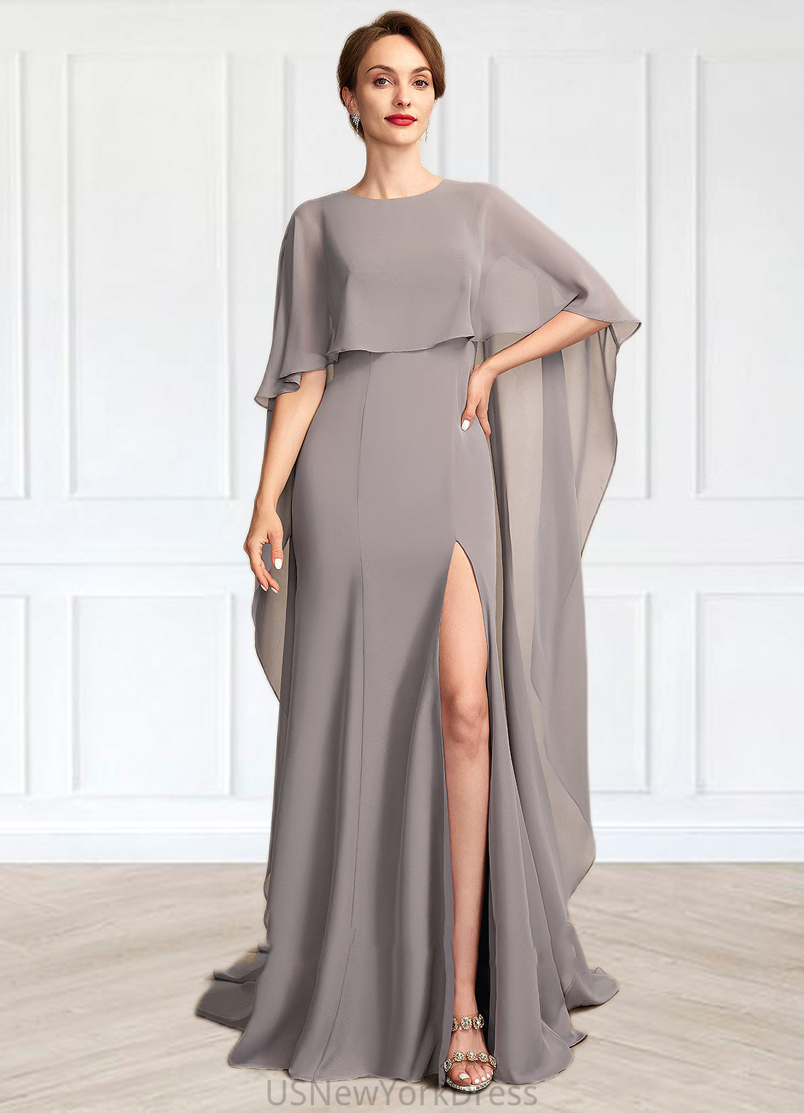 Jennifer Sheath/Column Scoop Neck Sweep Train Chiffon Mother of the Bride Dress With Split Front DJ126P0015000