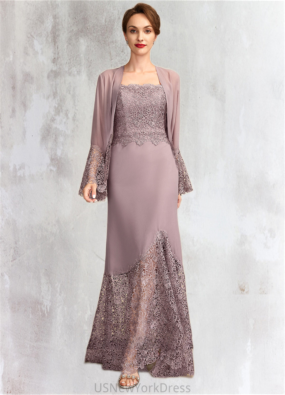 Gabrielle Trumpet/Mermaid Square Neckline Asymmetrical Chiffon Lace Mother of the Bride Dress DJ126P0015001