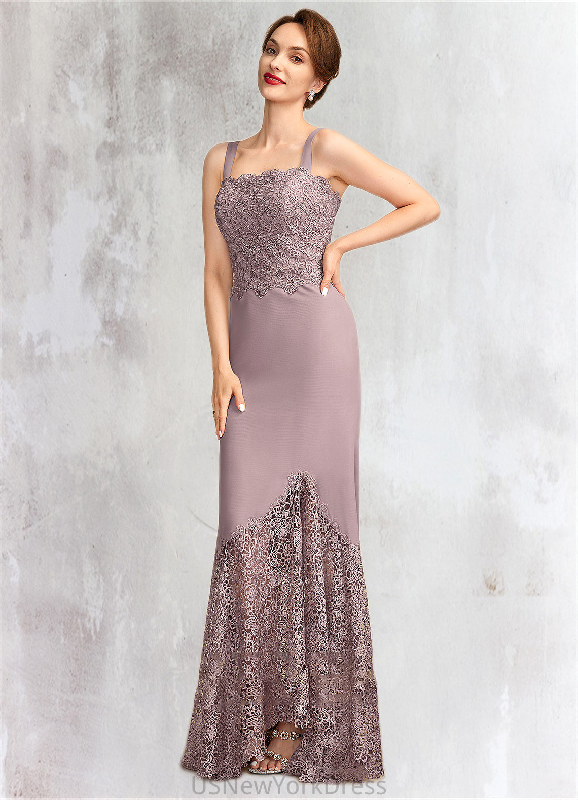 Gabrielle Trumpet/Mermaid Square Neckline Asymmetrical Chiffon Lace Mother of the Bride Dress DJ126P0015001