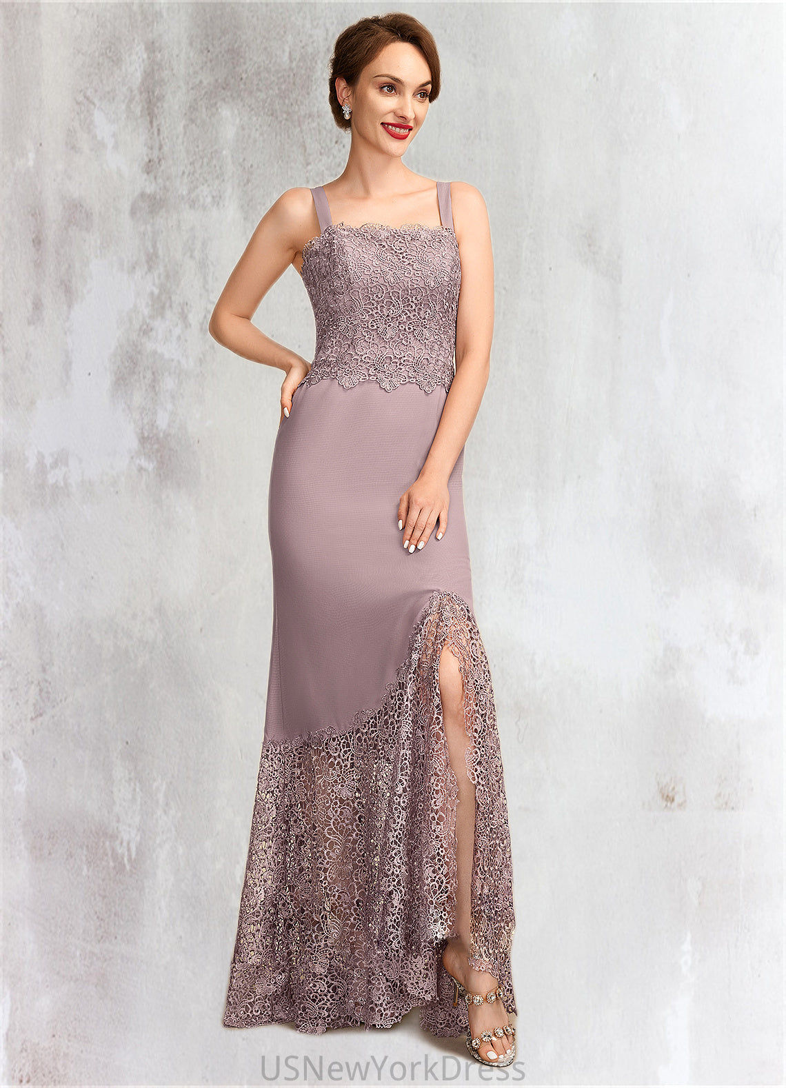 Gabrielle Trumpet/Mermaid Square Neckline Asymmetrical Chiffon Lace Mother of the Bride Dress DJ126P0015001