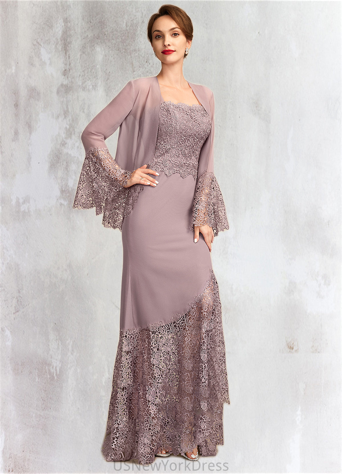 Gabrielle Trumpet/Mermaid Square Neckline Asymmetrical Chiffon Lace Mother of the Bride Dress DJ126P0015001