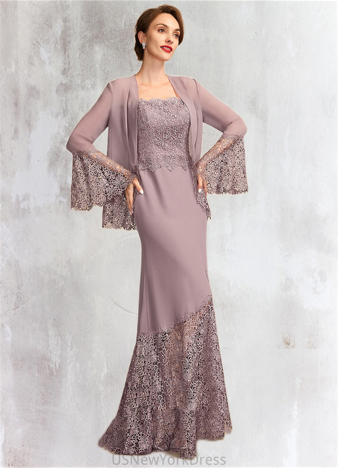 Gabrielle Trumpet/Mermaid Square Neckline Asymmetrical Chiffon Lace Mother of the Bride Dress DJ126P0015001