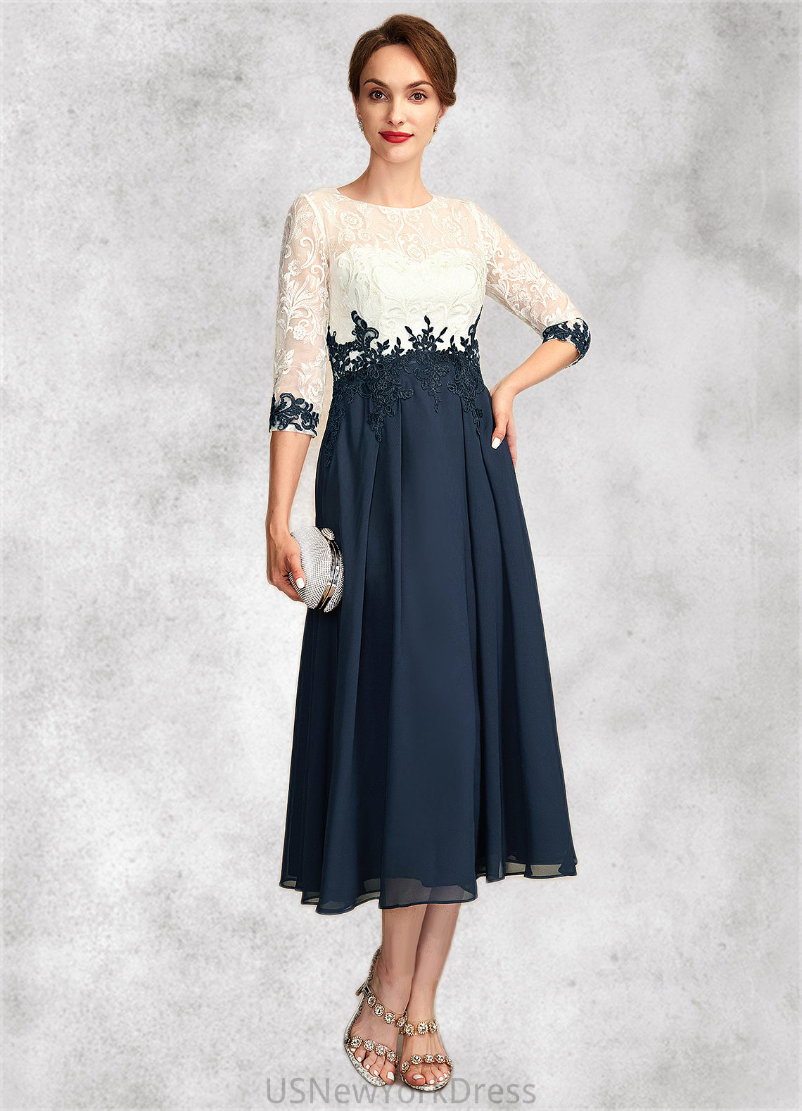 Toni A-Line Scoop Neck Tea-Length Chiffon Lace Mother of the Bride Dress DJ126P0015002