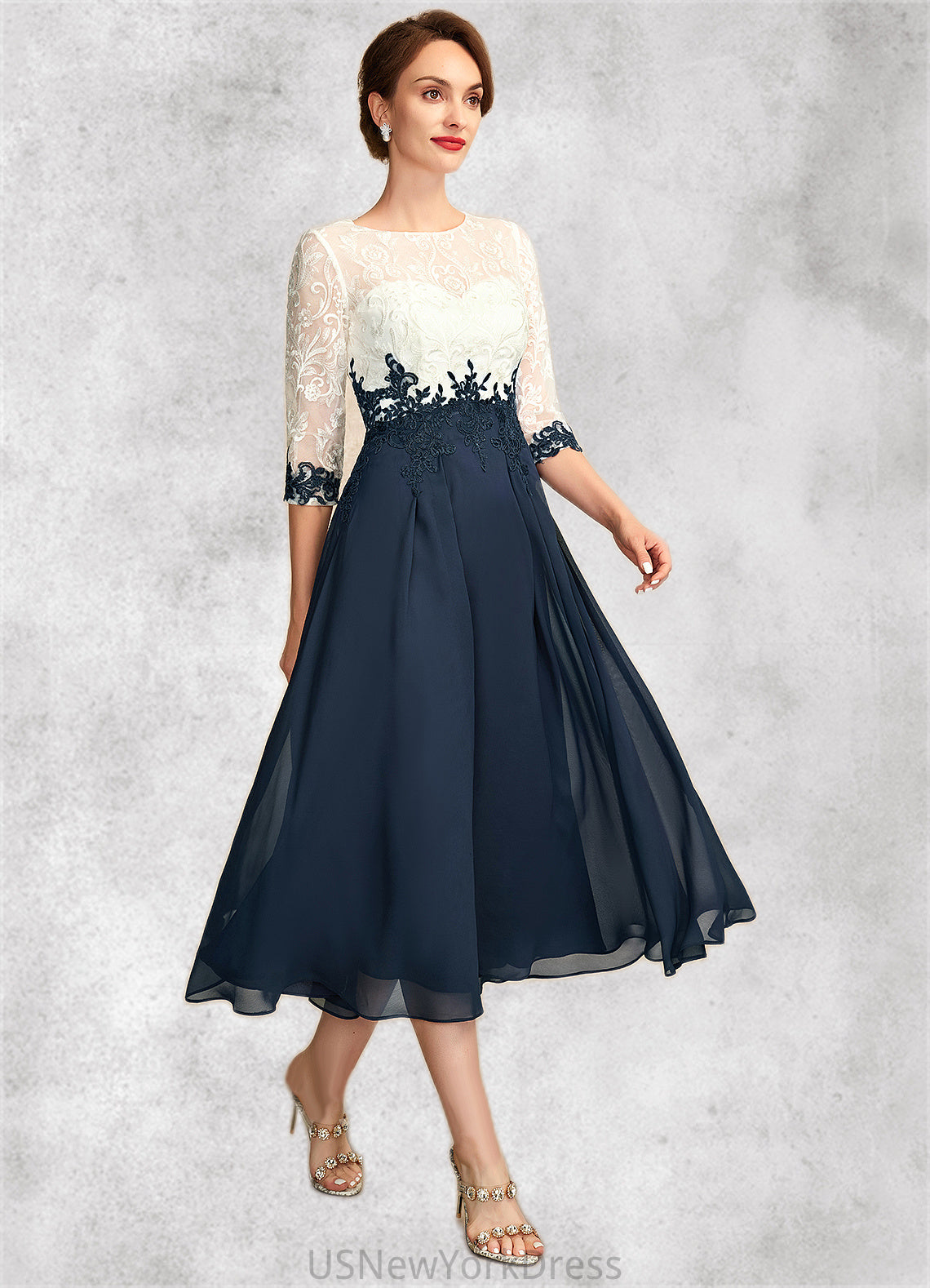 Toni A-Line Scoop Neck Tea-Length Chiffon Lace Mother of the Bride Dress DJ126P0015002