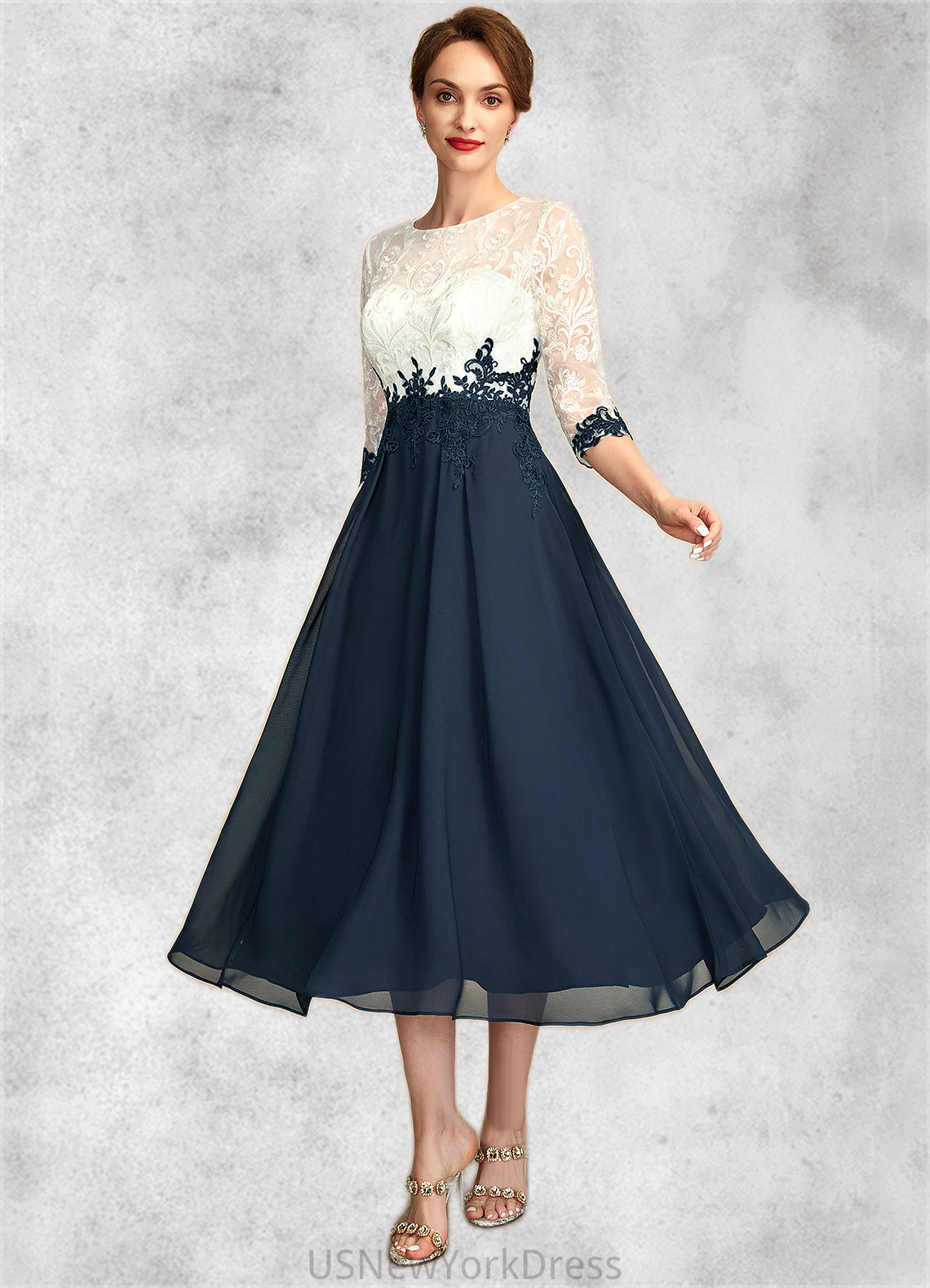 Toni A-Line Scoop Neck Tea-Length Chiffon Lace Mother of the Bride Dress DJ126P0015002