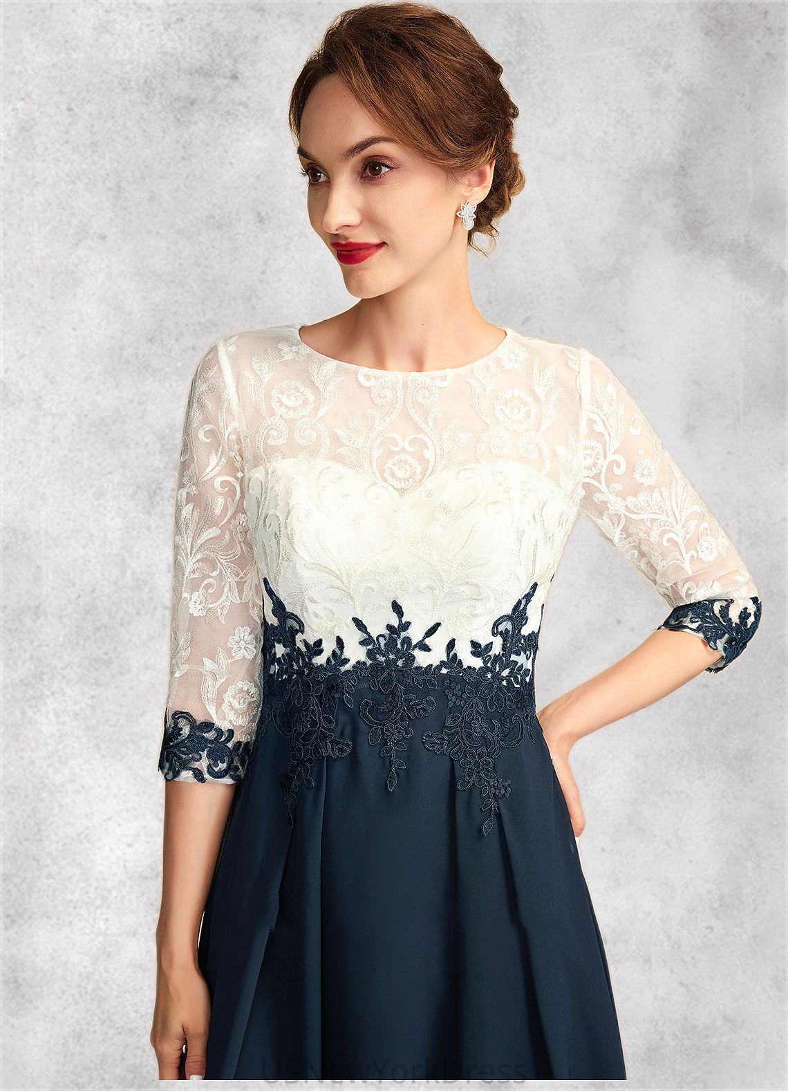 Toni A-Line Scoop Neck Tea-Length Chiffon Lace Mother of the Bride Dress DJ126P0015002