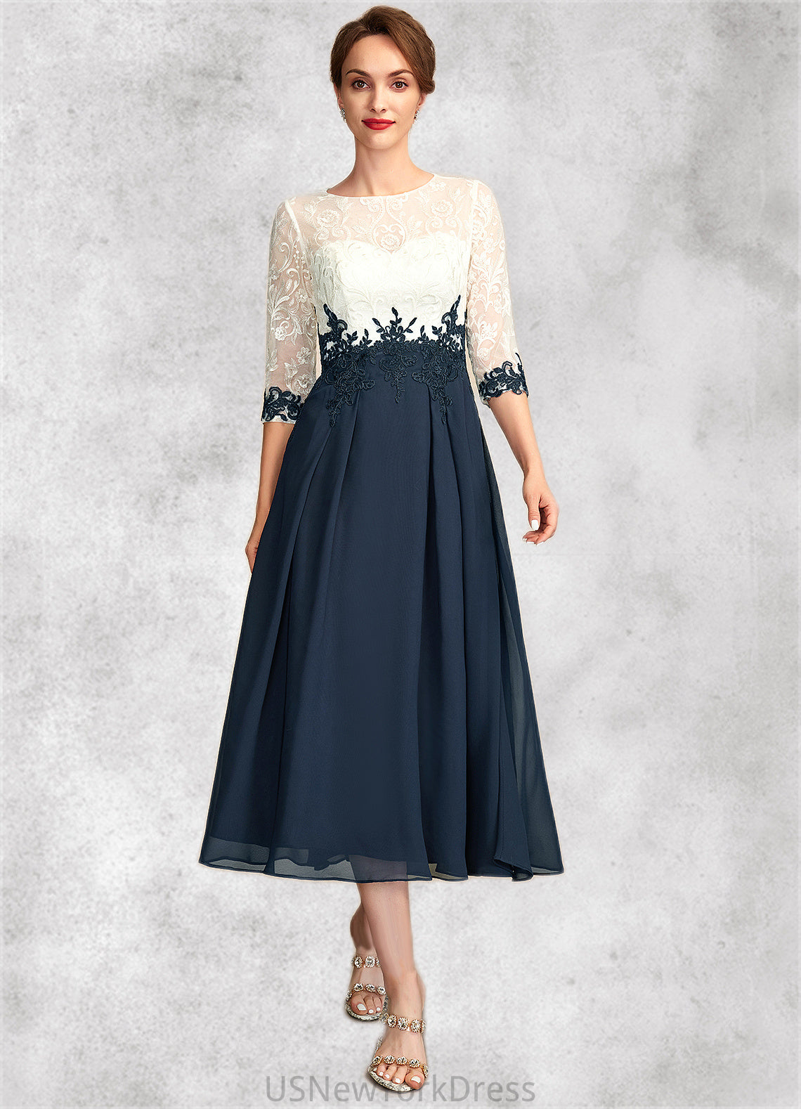 Toni A-Line Scoop Neck Tea-Length Chiffon Lace Mother of the Bride Dress DJ126P0015002