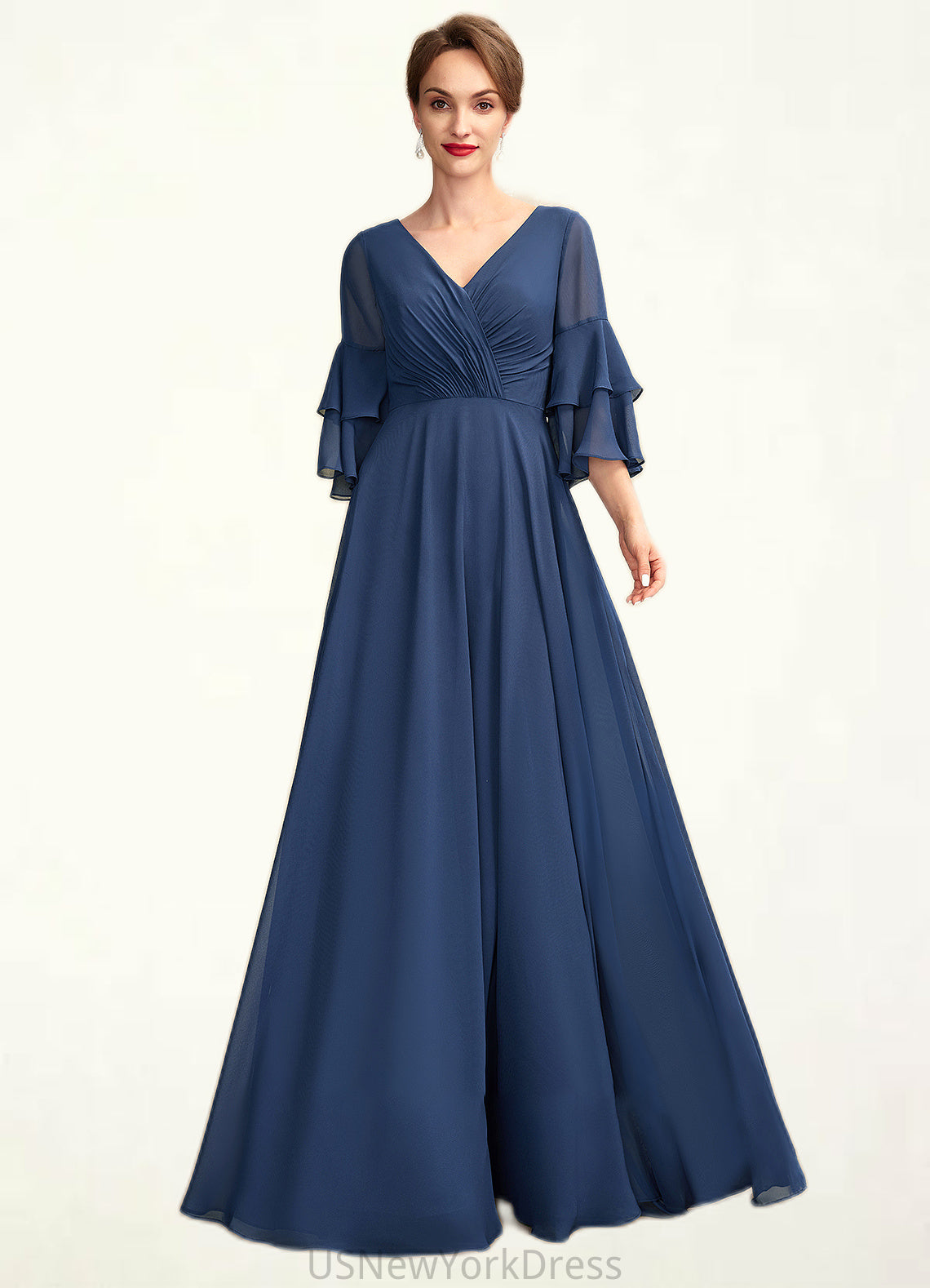 Savannah A-Line V-neck Floor-Length Chiffon Mother of the Bride Dress With Cascading Ruffles DJ126P0015003