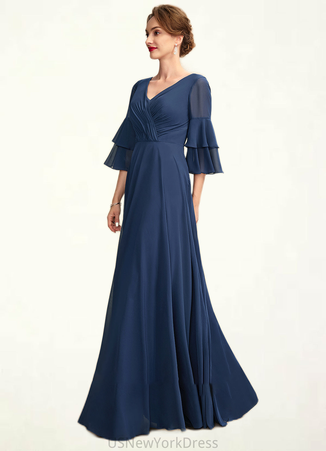 Savannah A-Line V-neck Floor-Length Chiffon Mother of the Bride Dress With Cascading Ruffles DJ126P0015003